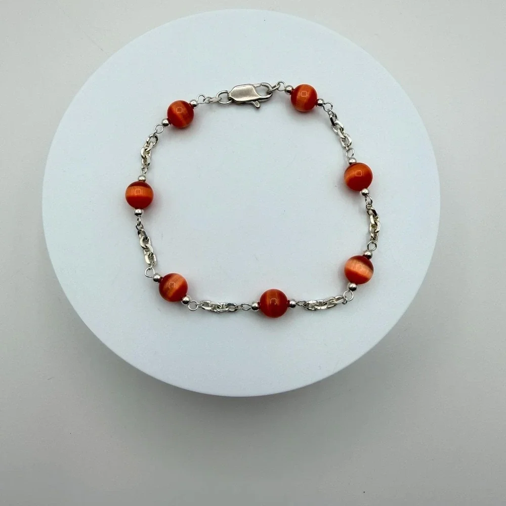Vintage 90s Women's Silver Tone Chain Burnt Orange Bead Station Bracelet Jewelry
